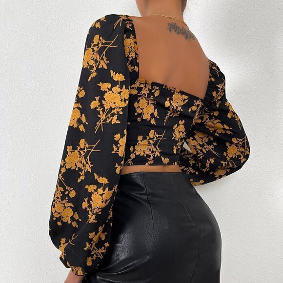 Multicolor Sexy Women's Floral Print Sweetheart Neck Lantern Sleeve Crop Blouse - Picture 2 of 5